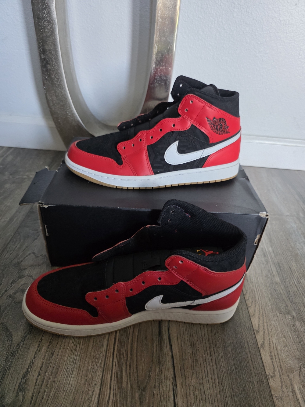 Mens Red & Black High-Top Basketball Sneakers with White Swoosh